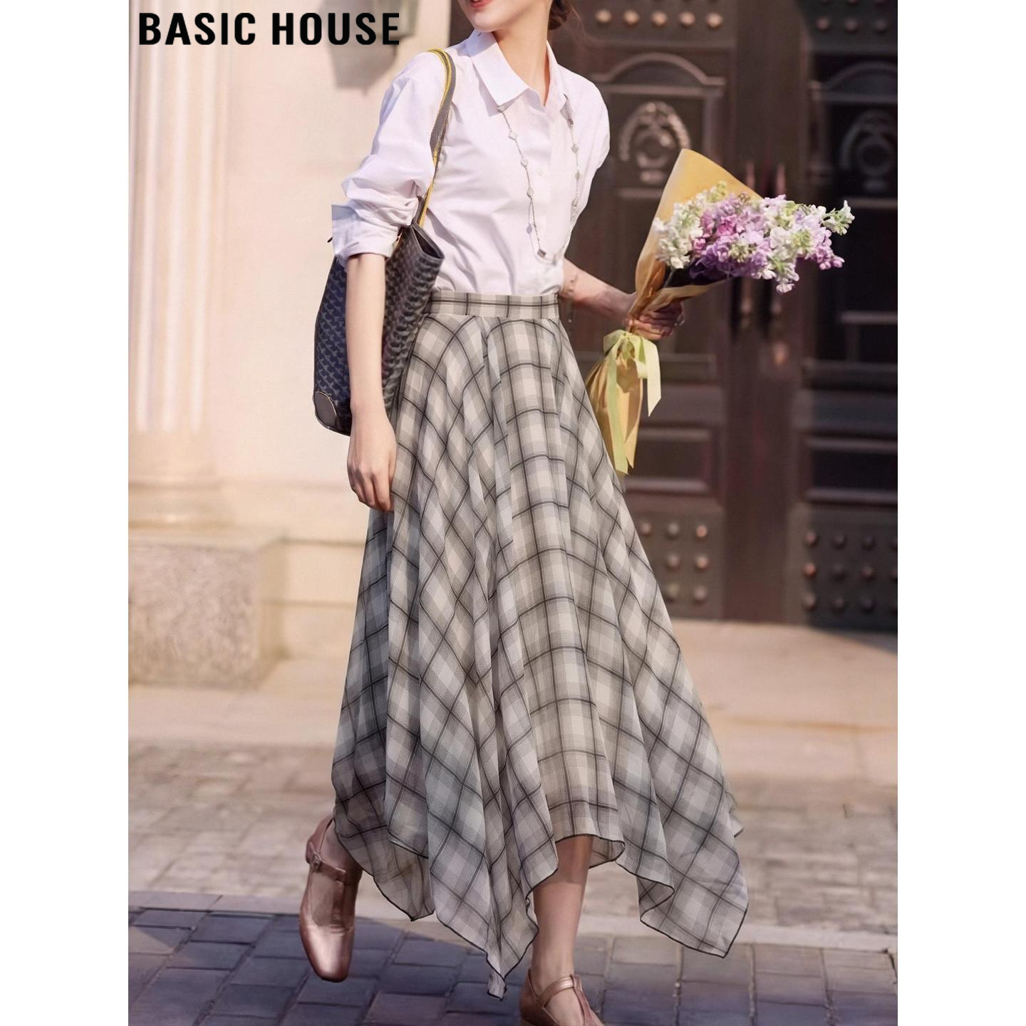 Basic House/百家好灰色不规则网纱格子半身裙女夏高腰A字大摆裙
