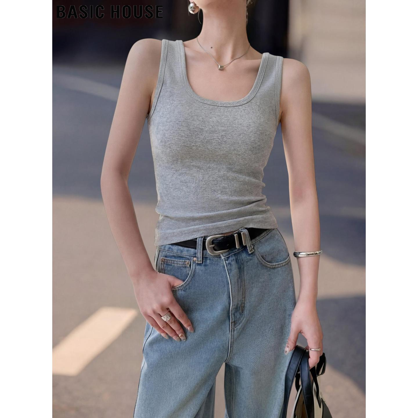 Basic House/百家好灰色U领带胸垫吊带背心女夏季可外穿无袖上衣
