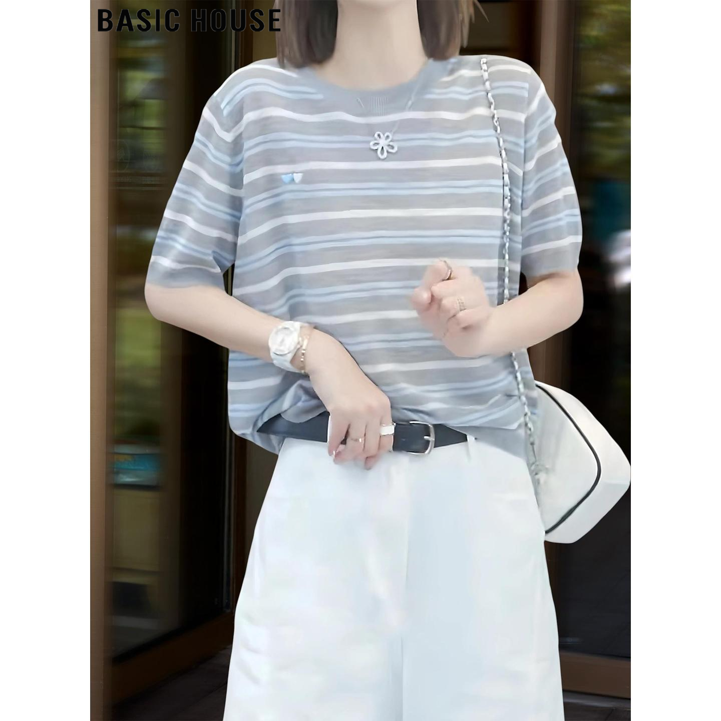 Basic House/百家好条纹针织短袖T恤女夏季韩版宽松显瘦遮肉上衣