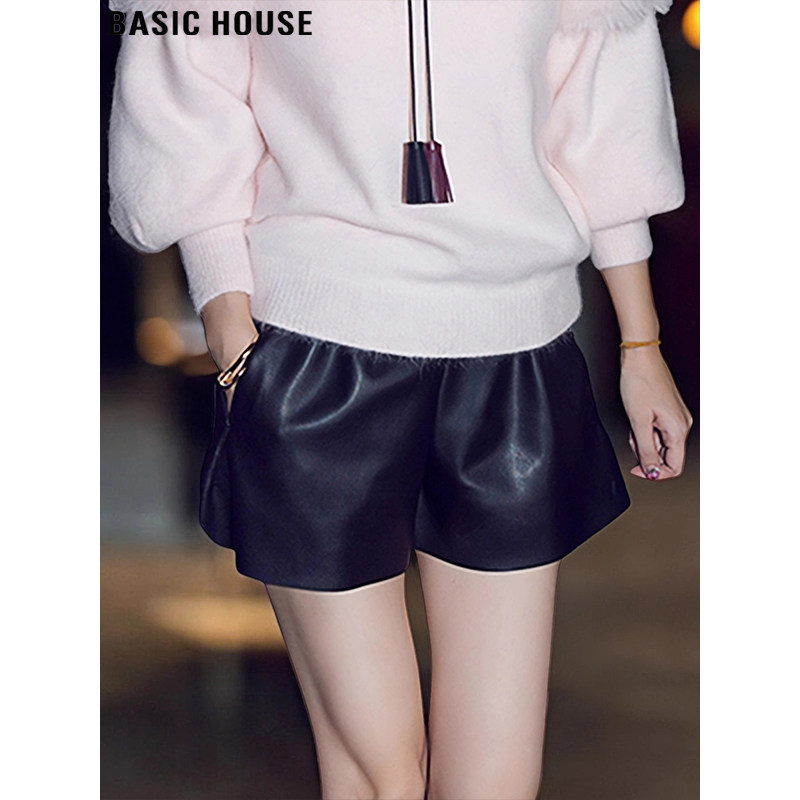 Basic House/百家好黑色磨毛PU皮裤女2026春季高腰打底阔腿皮短裤