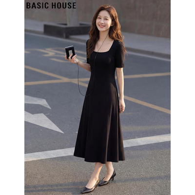 百家好黑色天丝方领短袖连衣裙女