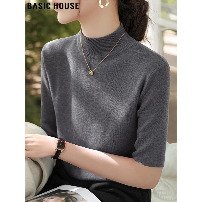Basic House/百家好灰色半高领五分袖针织衫女夏季通勤中袖打底衫