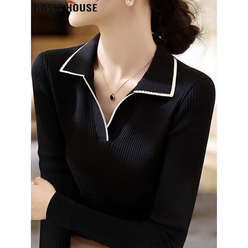 Basic House/百家好法式POLO领黑色针织衫女士春季配大衣内搭毛衣
