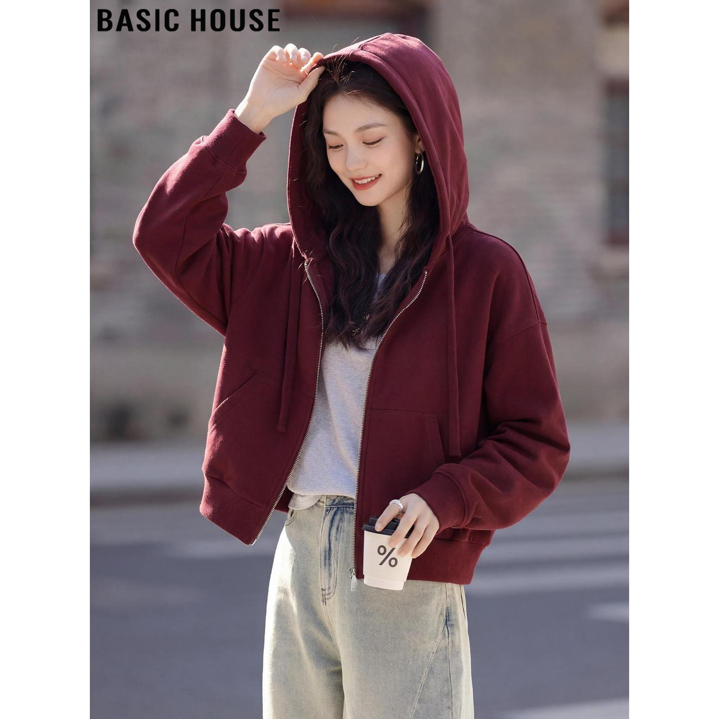 Basic House/百家好美式红色连帽卫衣外套女2026春季拉链开衫上衣