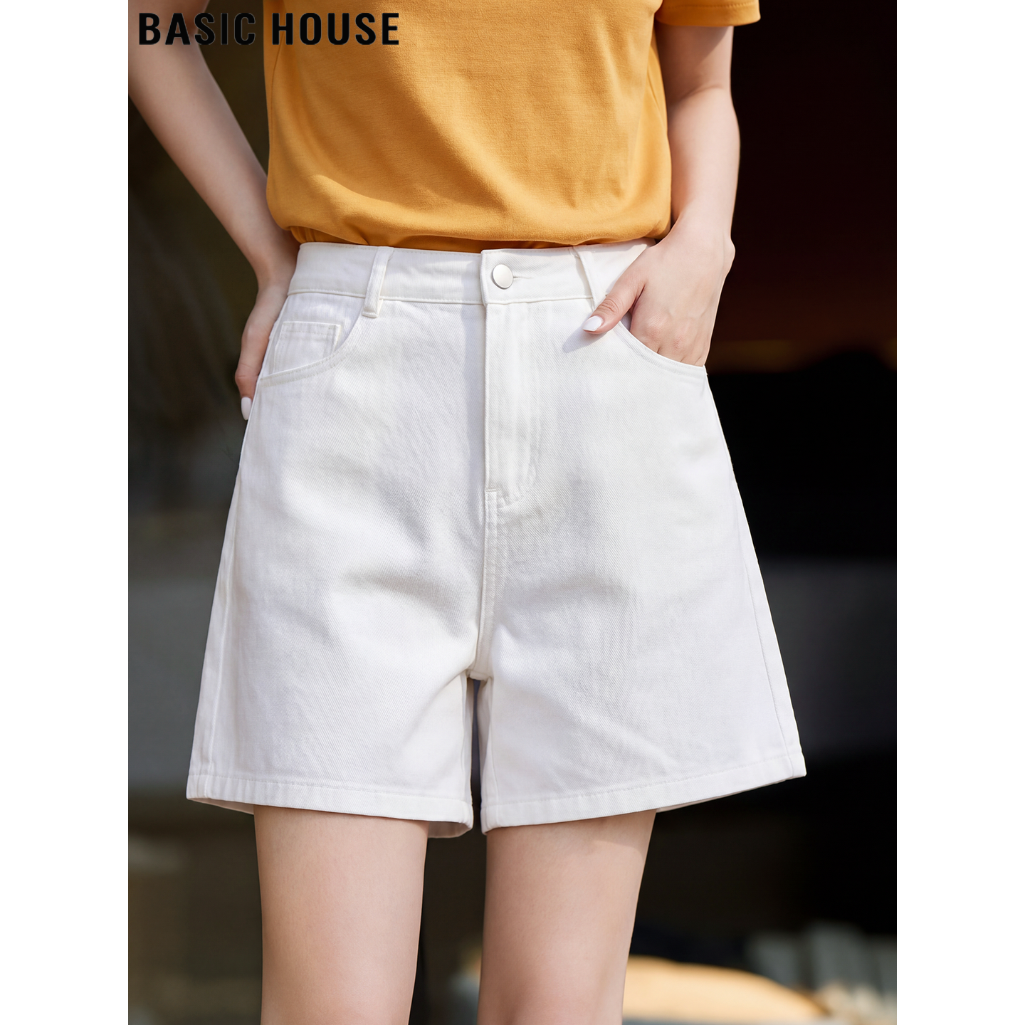 Basic House/百家好通勤白色直筒五分短裤女夏季高腰A字阔腿热裤
