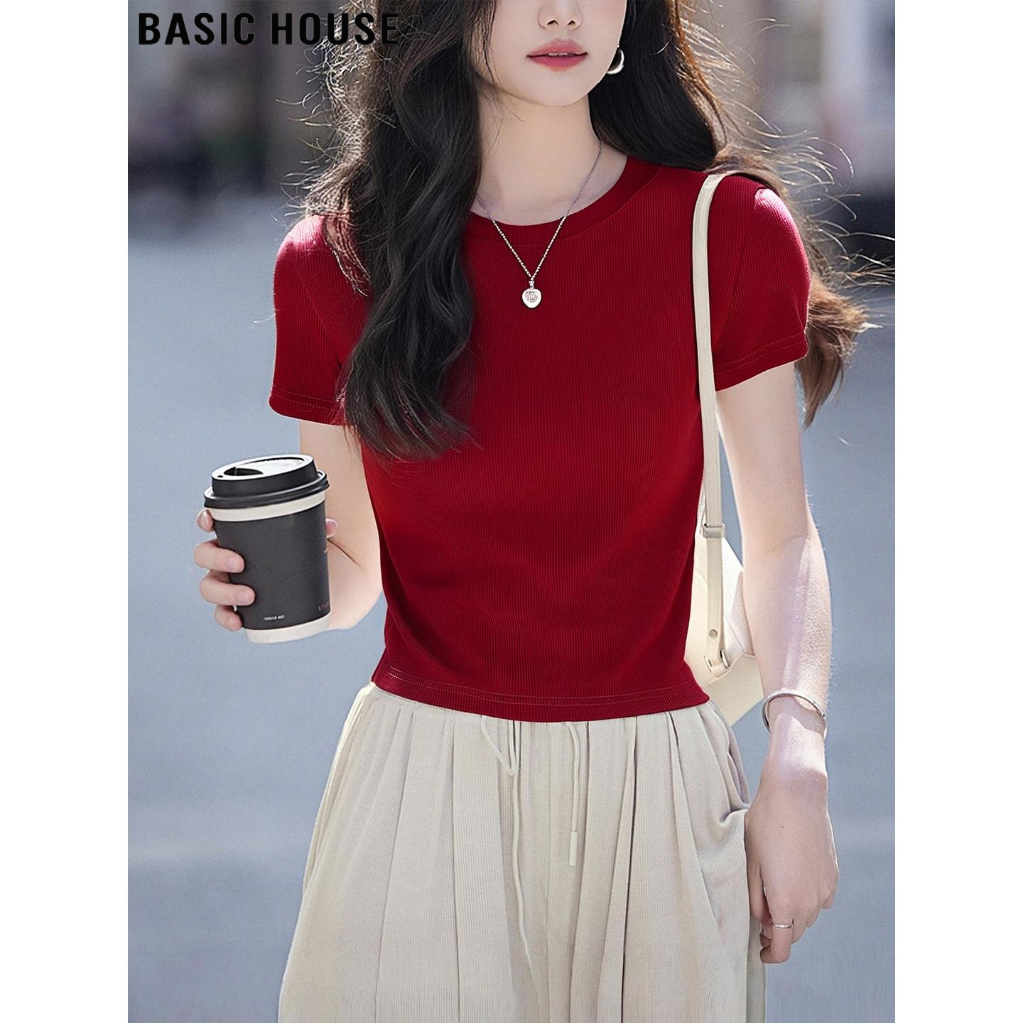 Basic House/百家好红色短款T恤女夏季2026新款短袖正肩体恤上衣