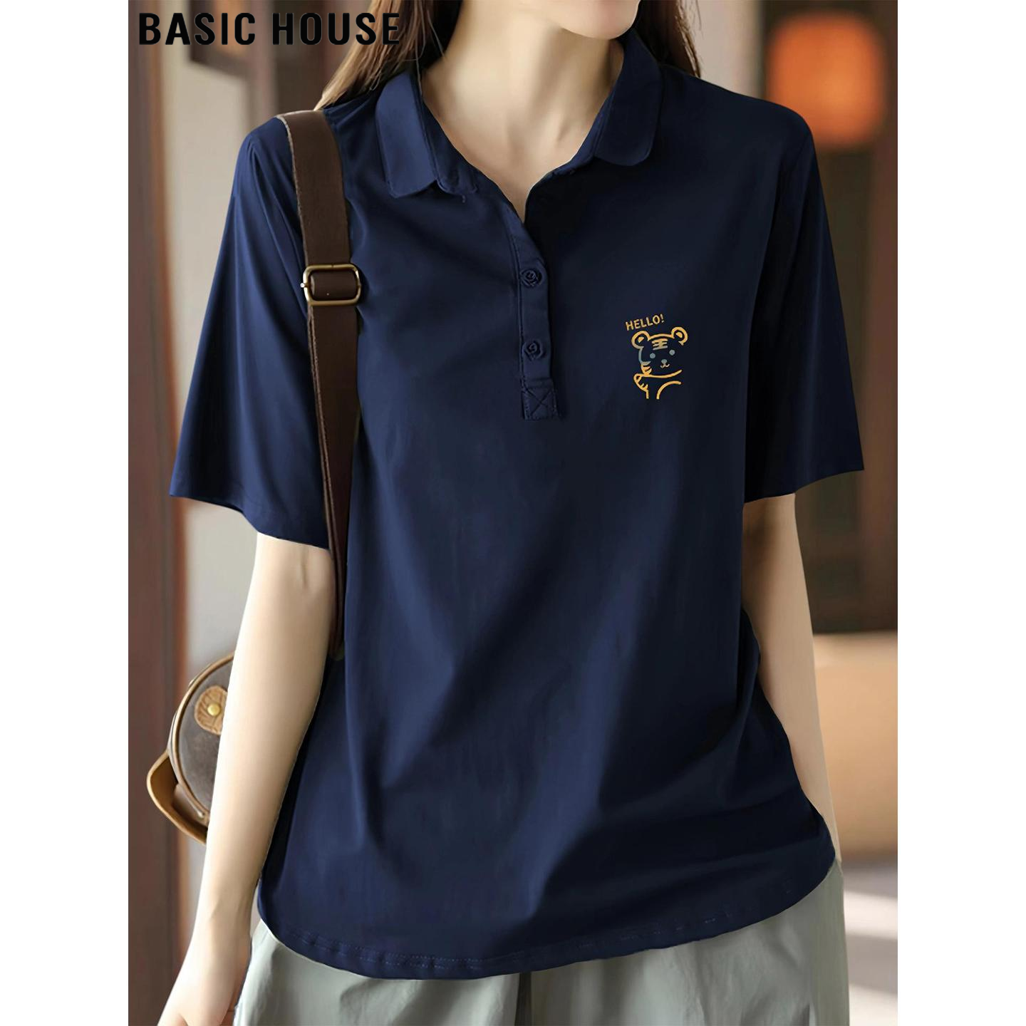 Basic House/百家好卡通印花短袖POLO衫女夏季大码藏蓝色纯棉上衣