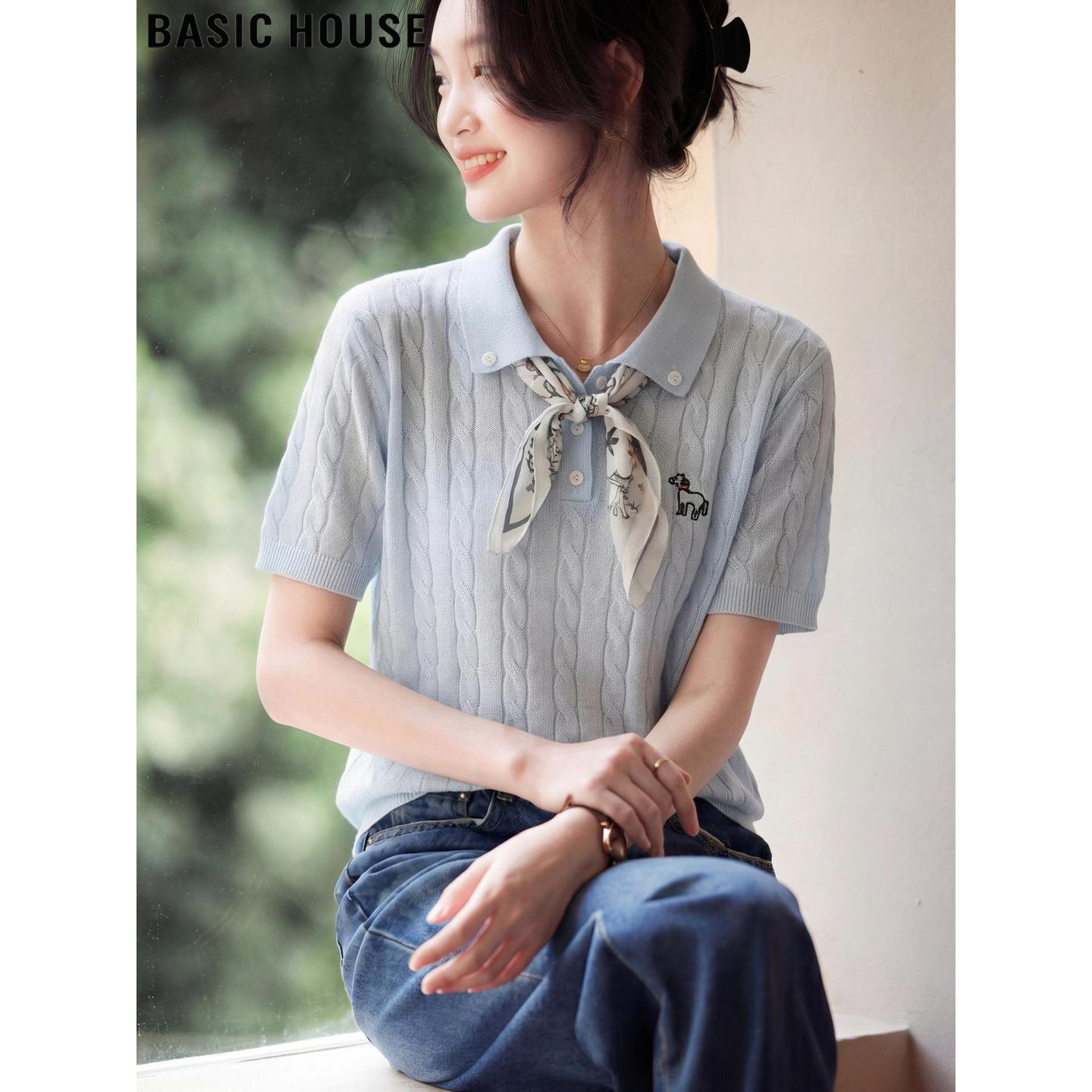 Basic House/百家好蓝色薄款天丝亚麻刺绣丝巾短袖针织POLO衫女夏