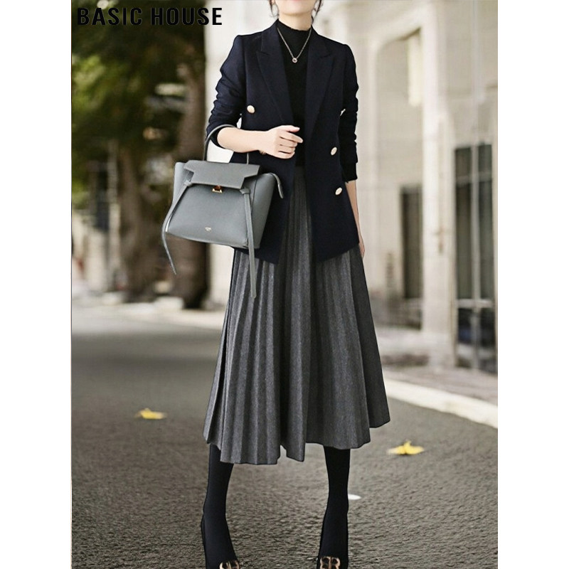 Basic House/百家好灰色百褶毛呢半身裙女春季配大衣中长款A字裙