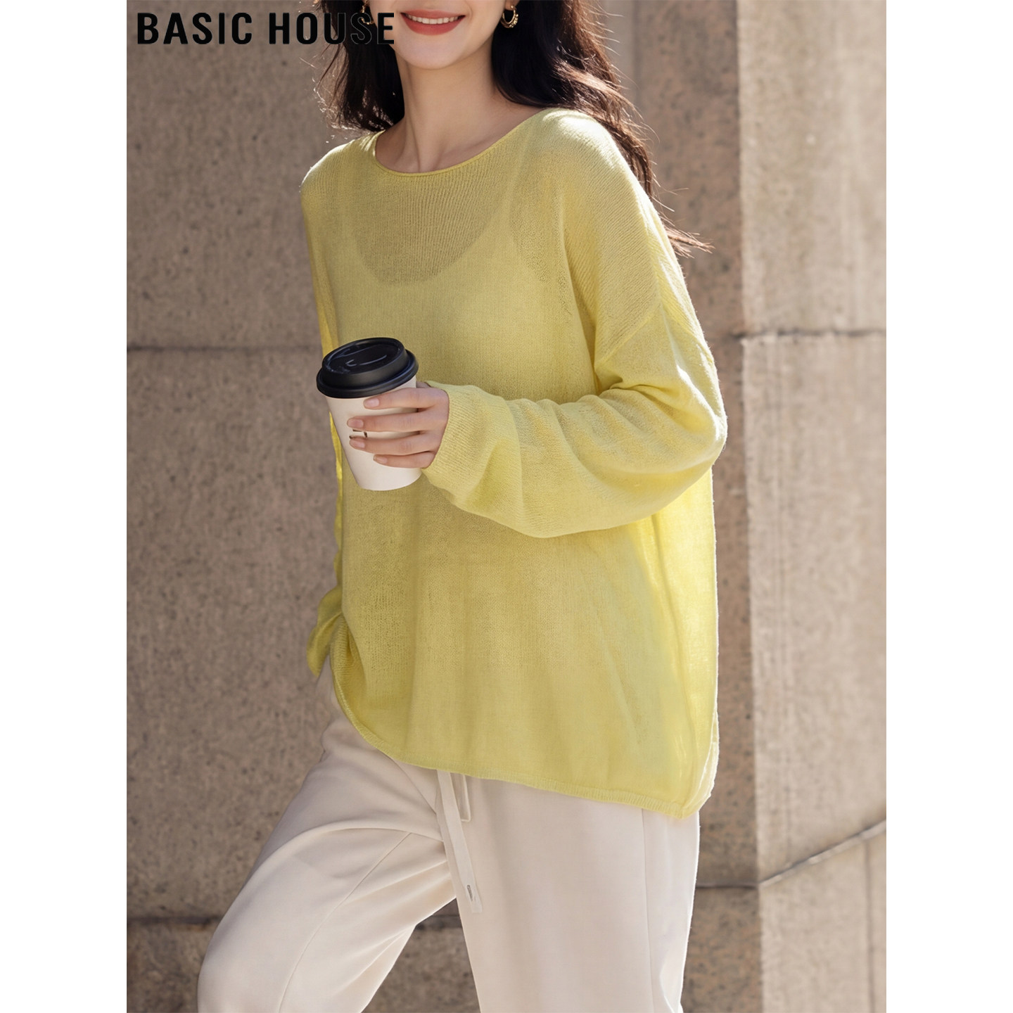 Basic House/百家好黄色一字领天丝薄款针织衫女夏季冰丝防晒罩衫