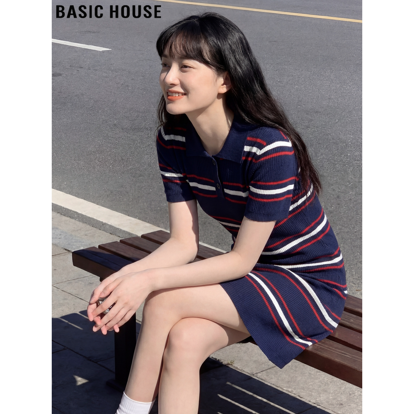 Basic House/百家好藏蓝色条纹包臀短袖连衣裙女夏季巨好看T恤裙