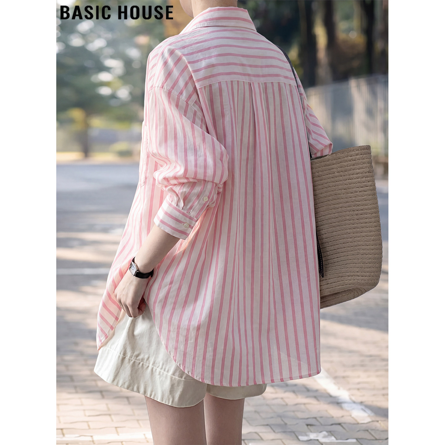 Basic House/百家好减龄粉色条纹长袖衬衫女夏季薄款冰丝防晒衬衣