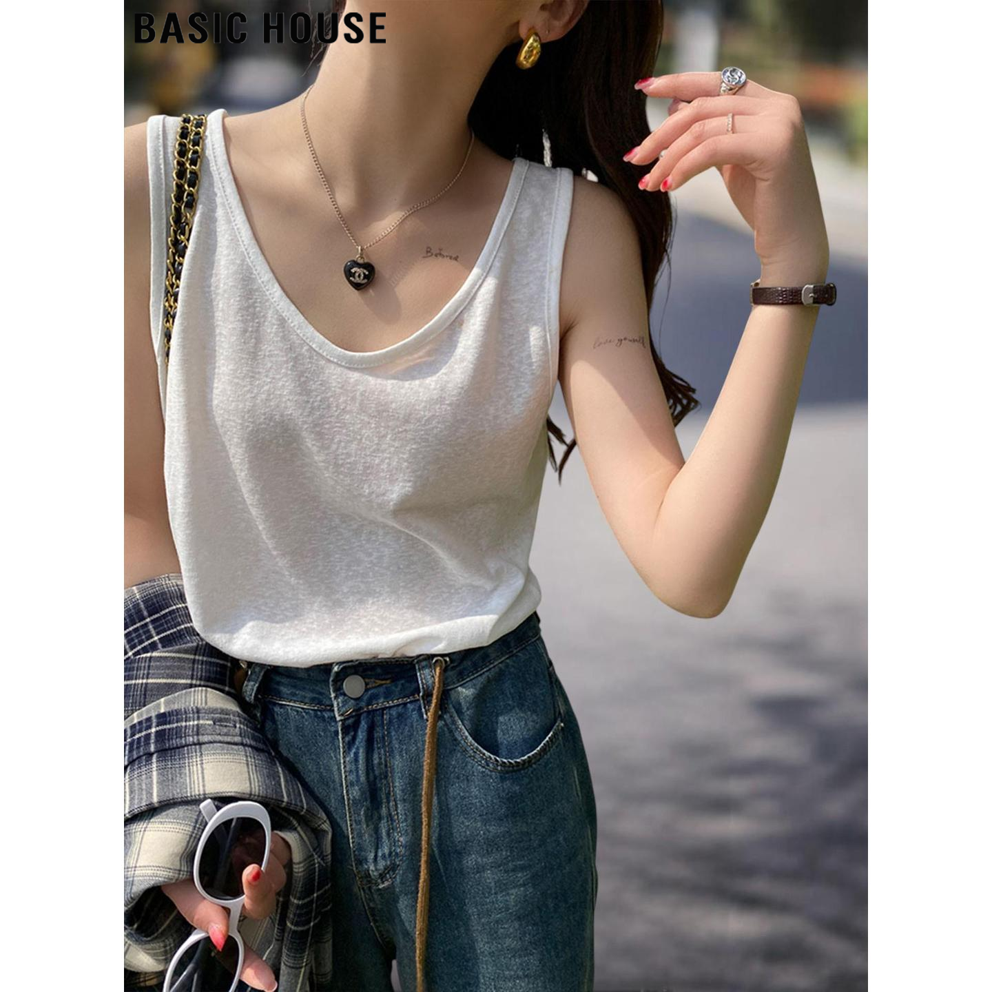 Basic House/百家好宽肩带遮副乳白色背心女夏季薄款冰丝无袖上衣