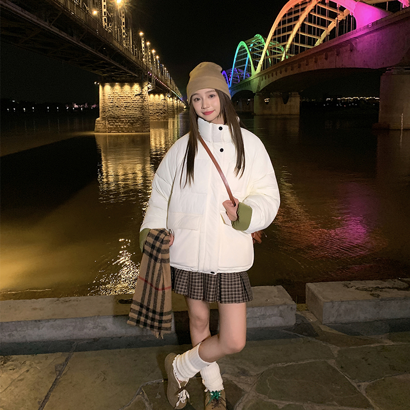 新款2025年网红INS加厚短款棉服拼色连帽防寒百搭韩版