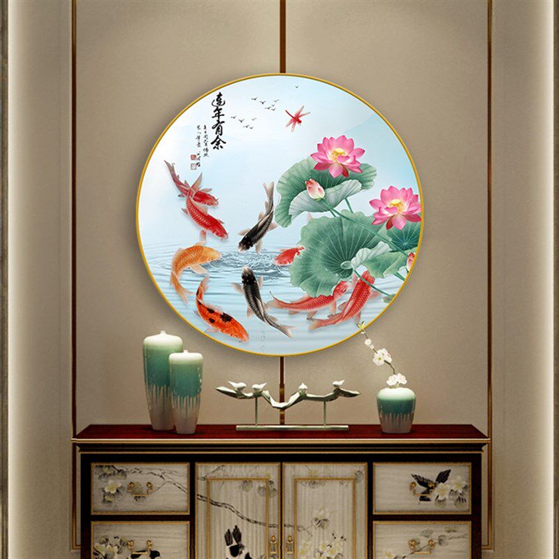 入户玄关装饰画九鱼图葫芦画糜鹿客厅挂画走廊过道餐厅圆形壁画
