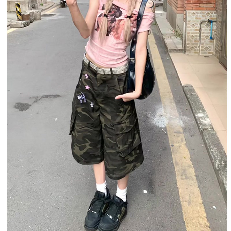 大码美式复古迷彩工装七分牛仔裤女夏季2025新款宽松直筒阔腿中裤