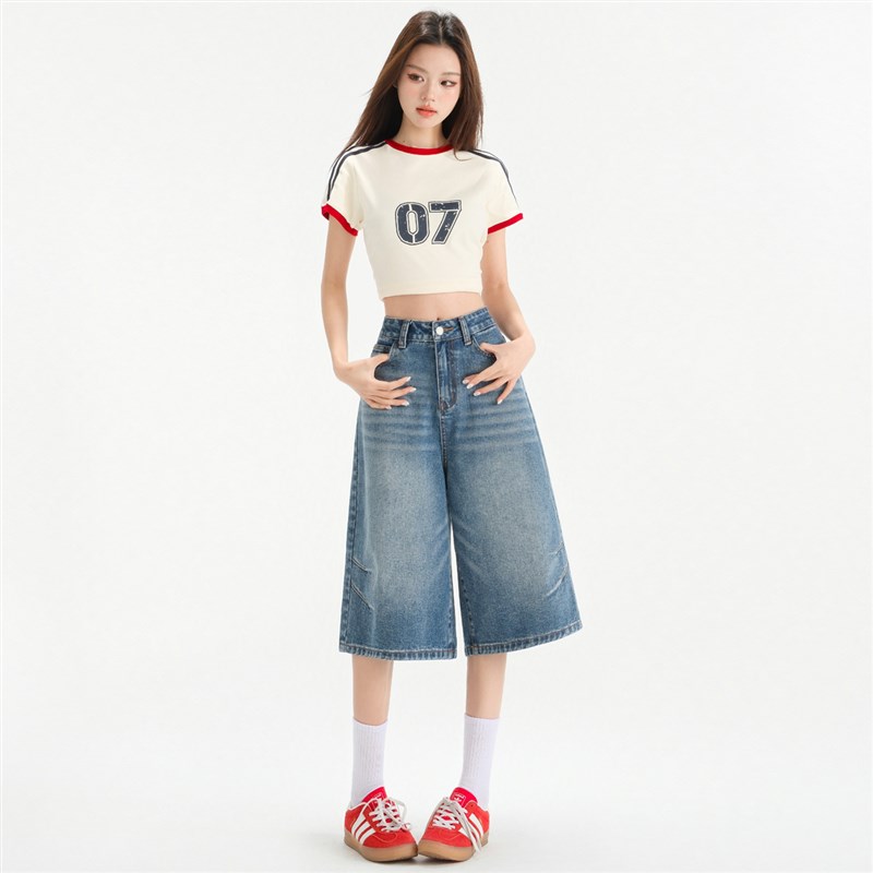 七分阔腿牛仔裤女2025年新款百搭宽松复古显瘦直筒裤春季大码女裤