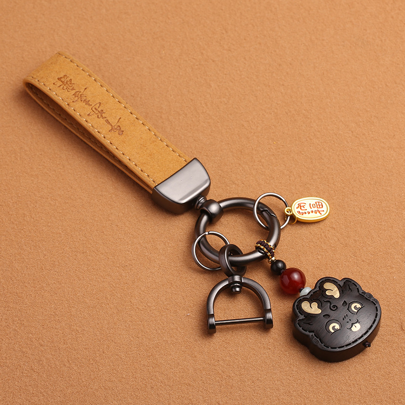 翻毛皮黑檀木钥匙扣吊坠男女情侣高档创意礼物可爱汽车钥匙链挂件