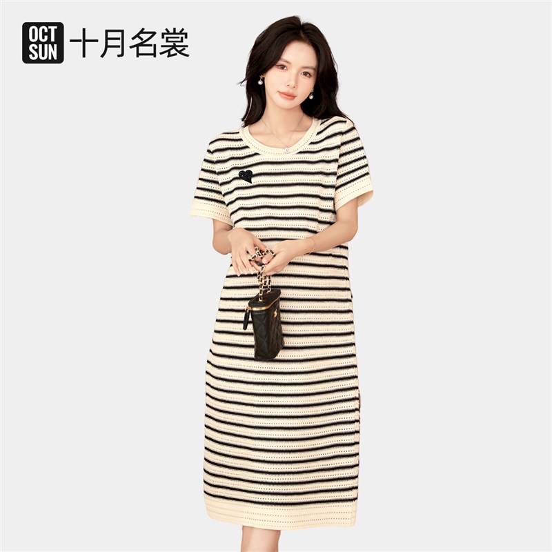 夏季辣妈潮流孕妇装高个子短袖连衣裙条纹针织宽松显瘦遮肚长裙