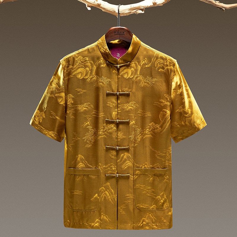 高档唐装男夏季中老年短袖真丝香云纱立领盘扣中山装衬衫休闲上衣,男装,唐装,淘宝优惠券,粉丝福利购,淘宝优惠卷
