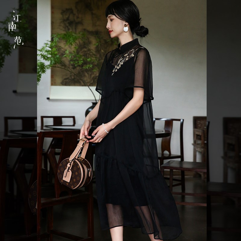 江南范国风改良黑色旗袍女夏年轻款连衣裙宽松文艺刺绣复古两件套