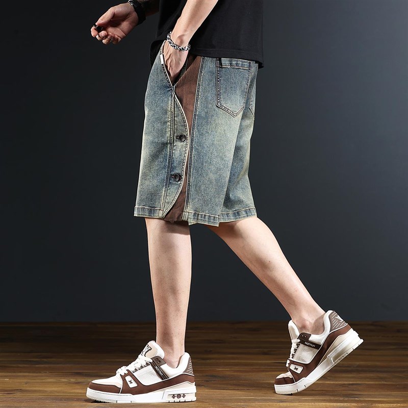 美式复古牛仔短裤男夏季新款宽松重磅洗水五分裤休闲拼接裤子