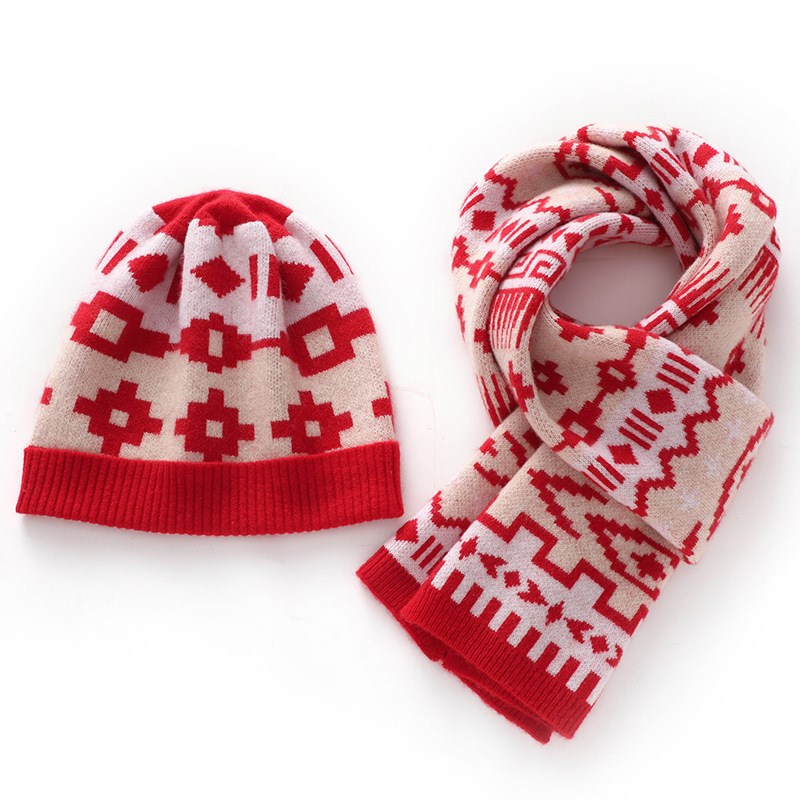 秋冬男女通用山羊绒帽子柔软时尚针织帽子提花保暖毛线围巾两件套