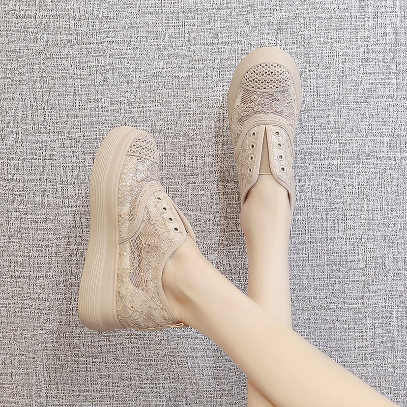 内增高休闲女鞋2025夏季新款一脚蹬坡跟网面透气单鞋厚底渔夫鞋