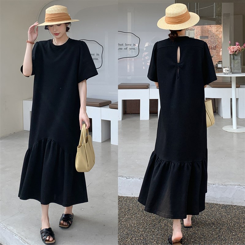 2024新款黑色连衣裙气质赫本风法式宽松大码女中长款黑裙子长裙夏