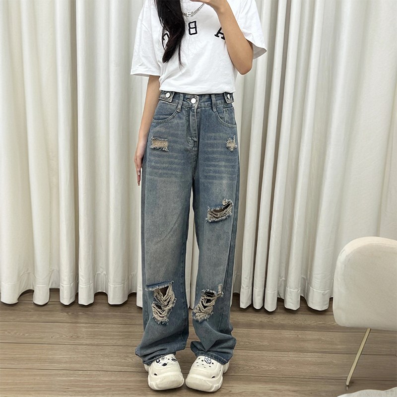 特大码女装胖mm高腰显瘦直筒牛仔裤女设计感小众别致破洞阔腿裤子