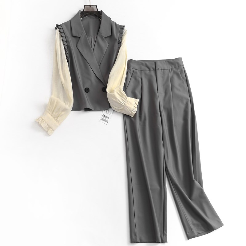 C742撞色高级感时尚套装女2023秋季新款简约风通勤西装两件套裤装