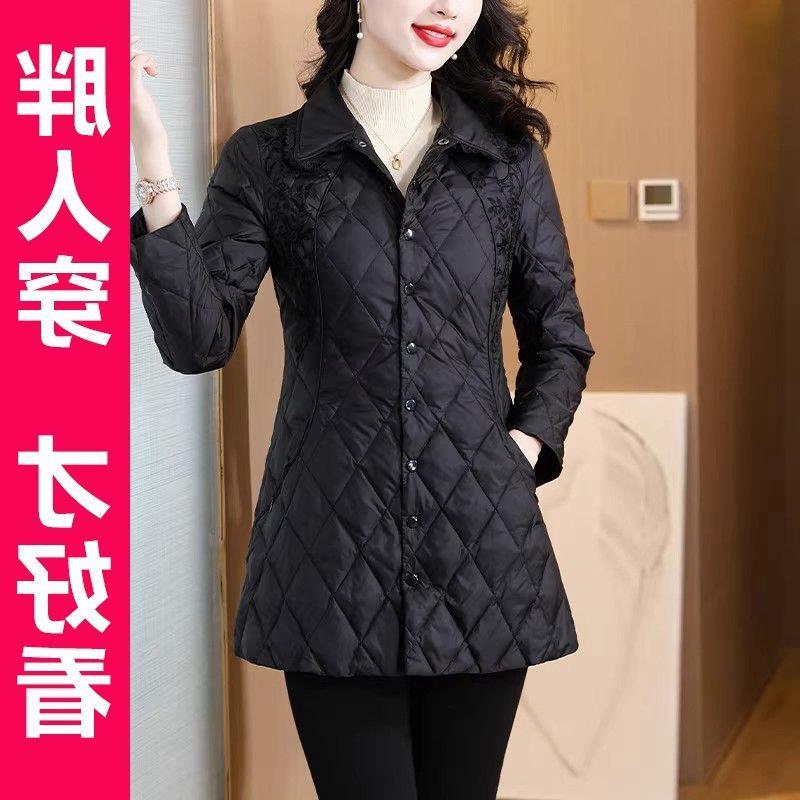 新国标90白鸭绒大码秋冬装刺绣羽绒服女中年妈妈收腰保暖中长款