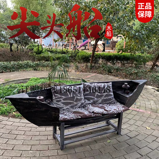 仿古木船渔船实木景观水上装饰手划欧式摄影道具种养花小木船摆件