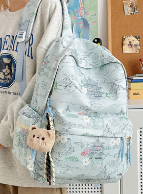 书包ins小众国风印花设计感通勤背包女大学生新中式大容量双肩包