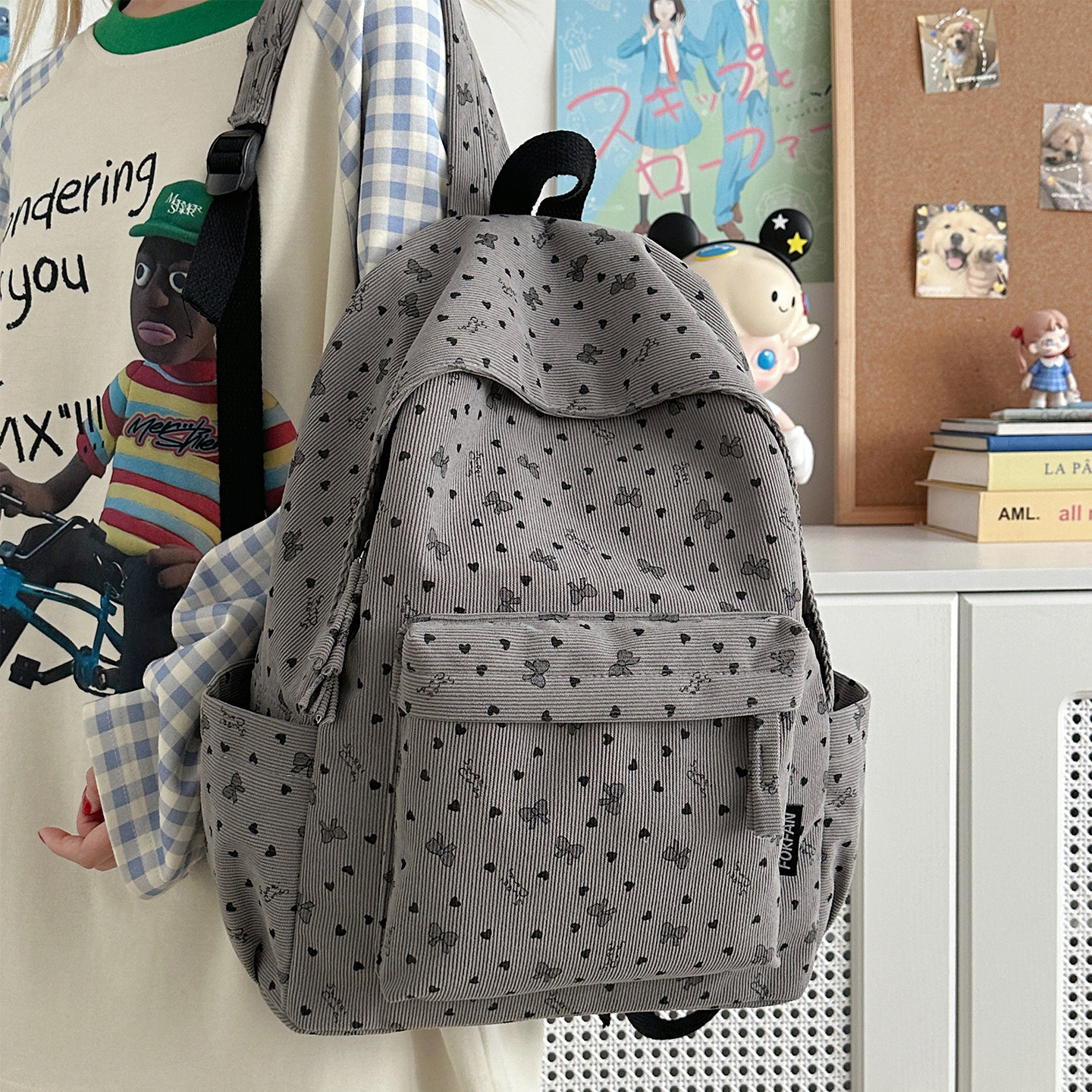 蝴蝶结双肩包条绒灯芯绒背包书包