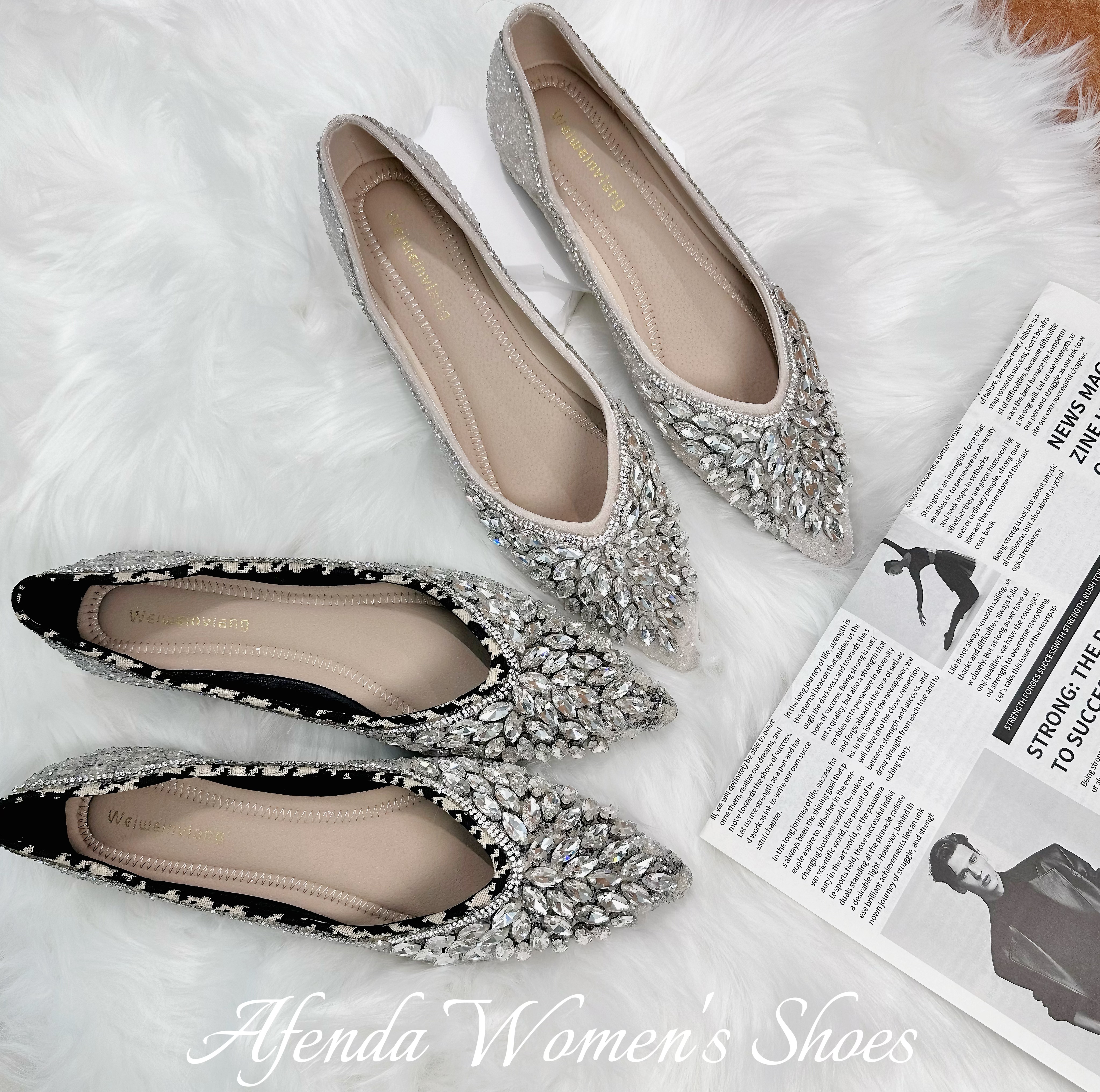  尖头水钻平底单鞋女 银色婚鞋伴娘鞋 浅口软底舒适瓢鞋大码女鞋