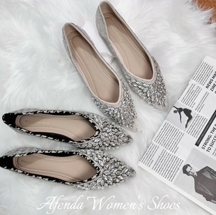  尖头水钻平底单鞋女 银色婚鞋伴娘鞋 浅口软底舒适瓢鞋大码女鞋