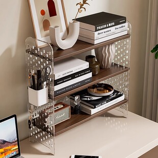 桌面书架一体靠墙书桌置物架桌上简易立式多层实木高级感洞洞板