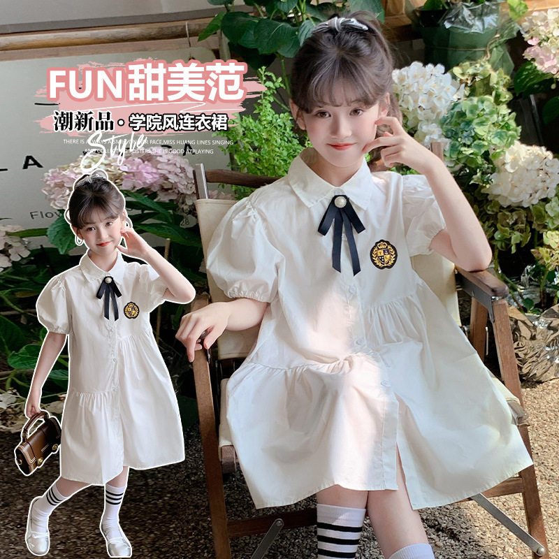 女童连衣裙2025夏季新款韩版学院风洋气百搭蝴蝶结领结甜美可爱