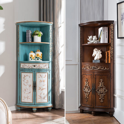 欧式实木墙角柜三角形角柜美式彩绘转角柜雕花子置物架客厅三角柜