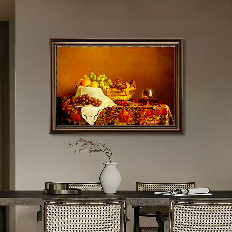 美式水果装饰画餐厅走廊挂画肌理油画高级感花卉风景画红酒葡萄画图片
