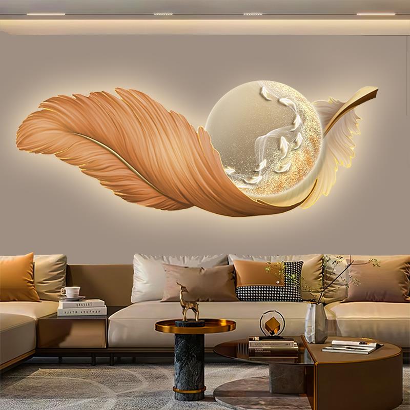 led灯羽毛九鱼图现代简约轻奢客厅装饰画温馨卧室沙发背景墙挂画