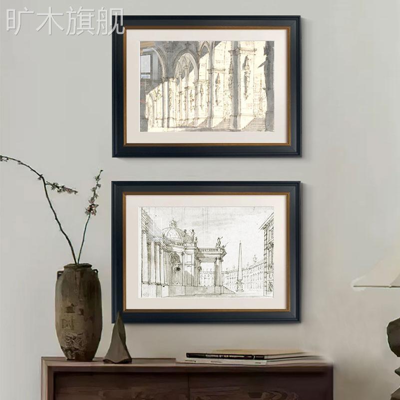 法式覆古建筑入口装饰画客厅背景墙素描高端挂画壁龛艺术黑白墙图片