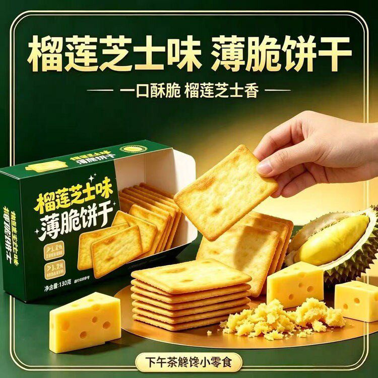 鑫迈隆榴莲芝士薄脆饼干3盒小包装休闲零食小吃香薄酥脆