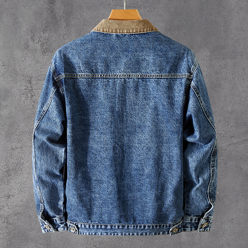 美式做旧水洗撞色拼接翻领牛仔外套新款潮牌高级感男款夹克