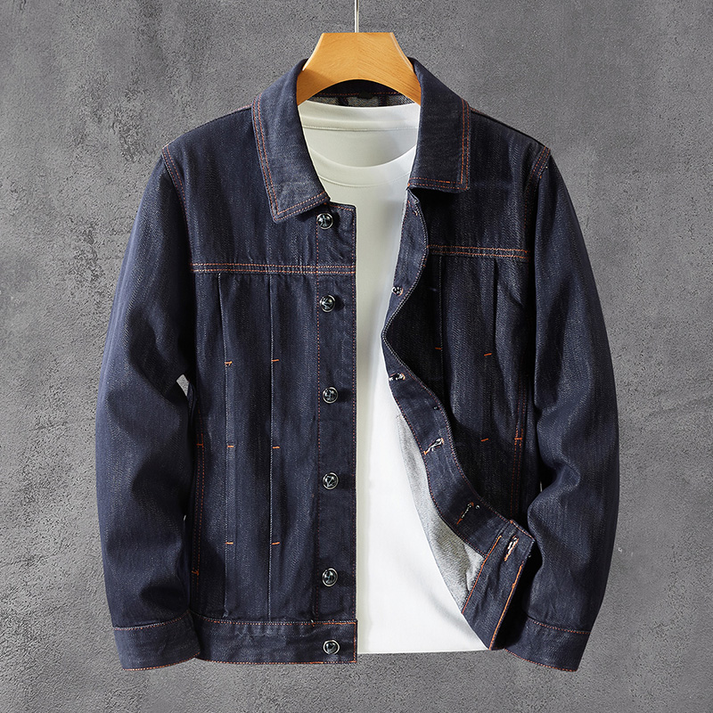 秋冬新款防褪色原浆水洗牛仔外套深蓝色阿美咔叽翻领痞帅牛仔夹克
