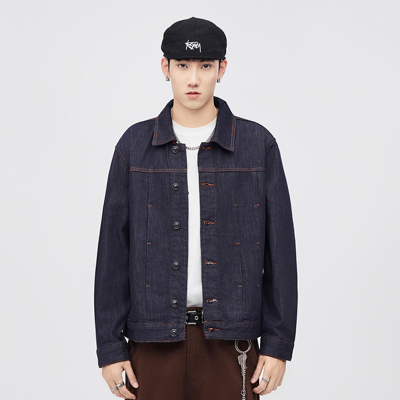 秋冬新款防褪色原浆水洗牛仔外套深蓝色阿美咔叽翻领痞帅牛仔夹克