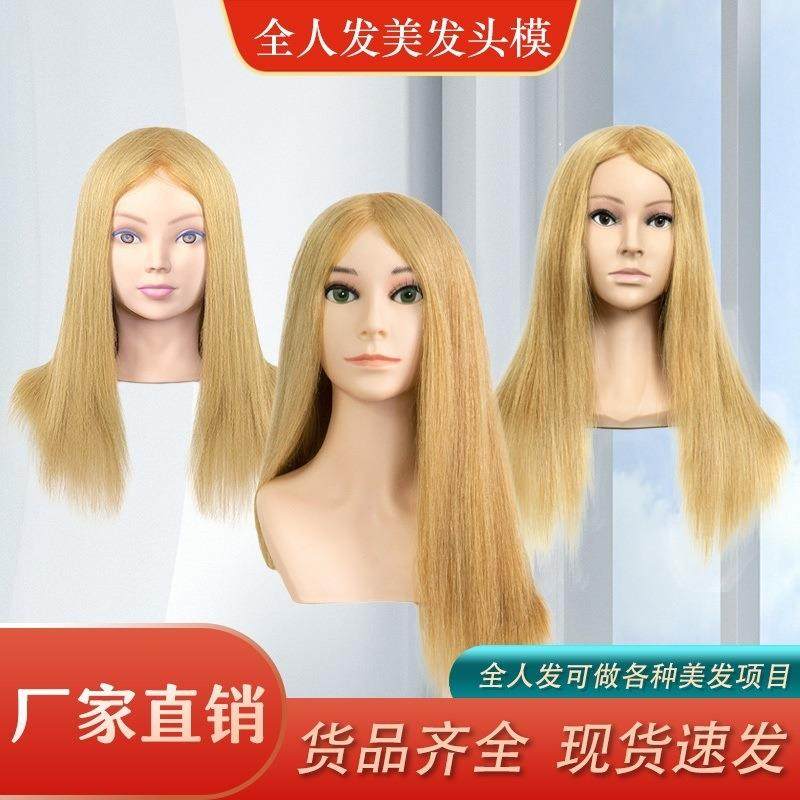 美发头模全真发假人头模特头公仔头真发可烫卷染色吹造型教习头模
