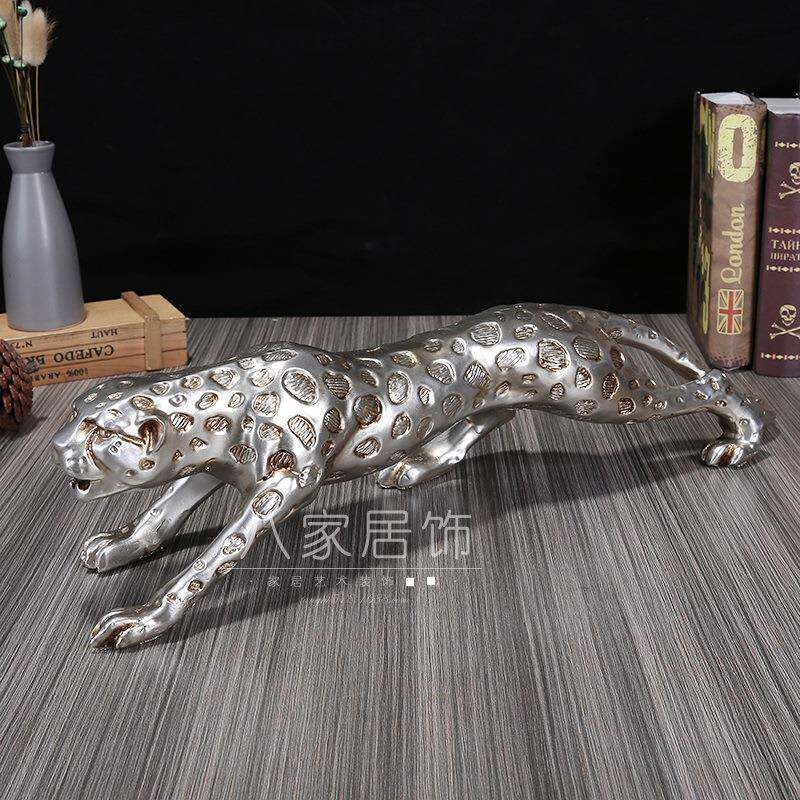 欧式复古古银色金钱豹摆件雕塑树脂工艺品桌面装饰品外贸热卖款