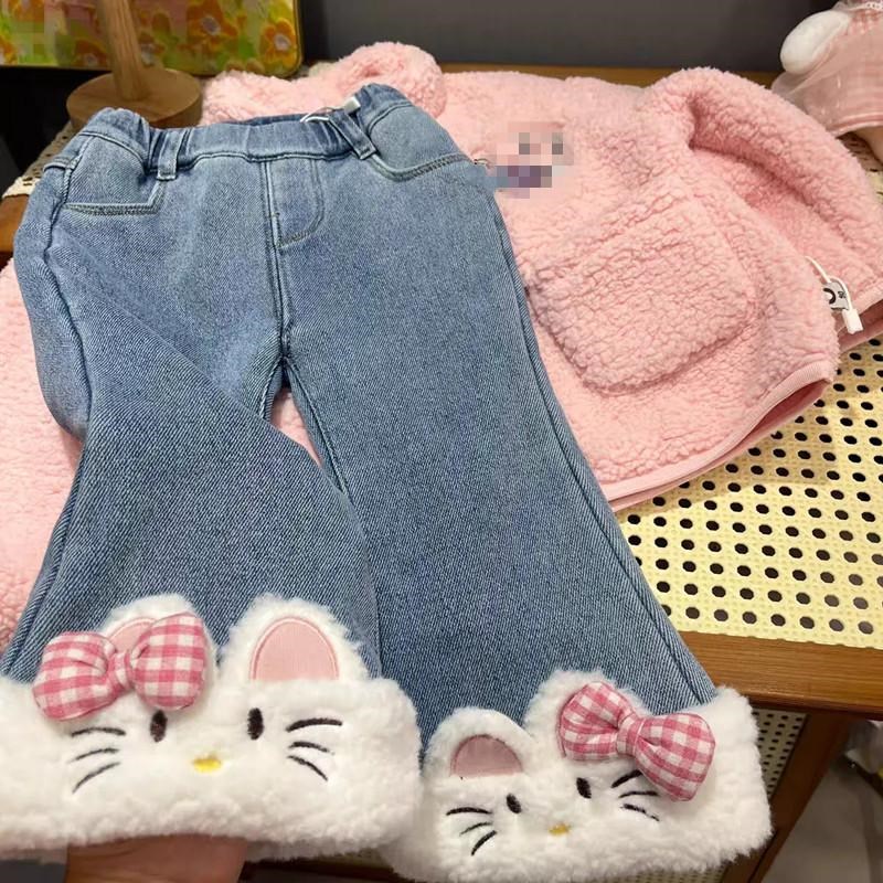 女童裤子冬款2024新款儿童牛仔喇叭裤童装冬装宝宝加绒休闲长裤